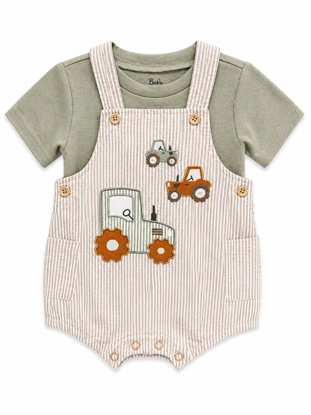 NWT Baby Essential Toddler Boy 2 Piece Tractor Romper Set Embroidered Outfit 18M